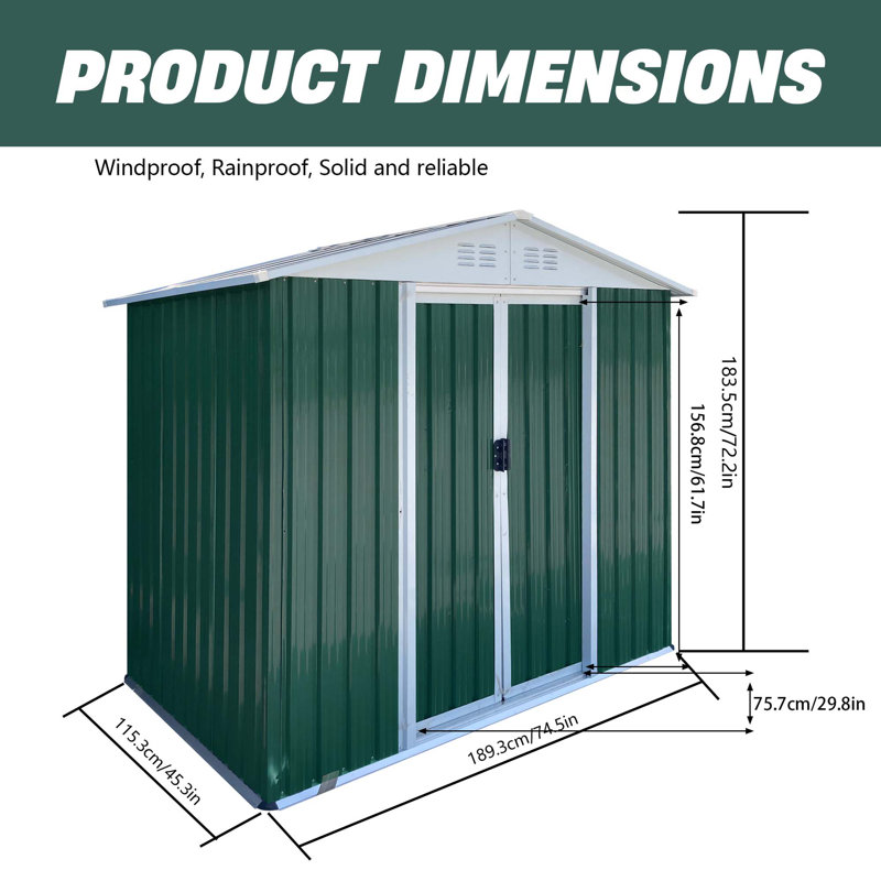 Outdoor Storage Shed 6Ftx4Ft, Green, Durable Apex Roof, 72.2" H x 74.5" W x 45.3" D, Green