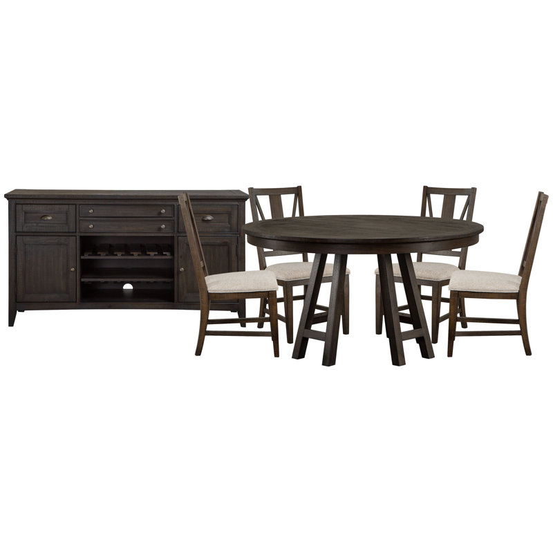 52" Round Dining Table With 4 Side Chairs And Buffet, 6 Pieces: Table, 4 Chairs, Sideboard, Dark Gray