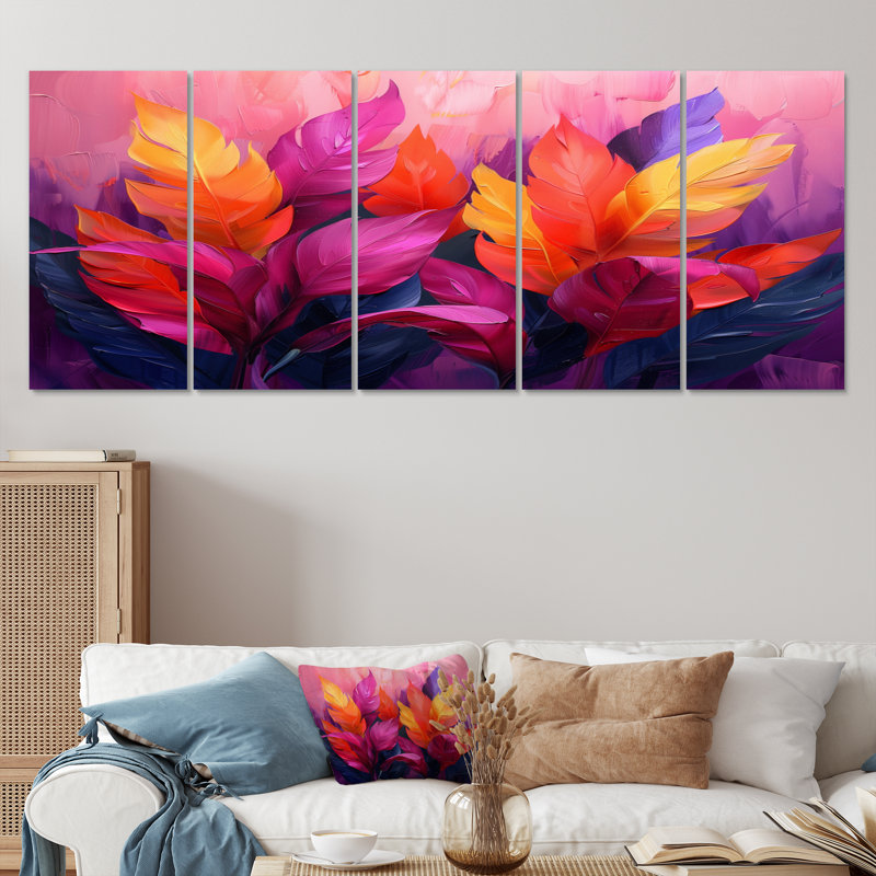 «Pink Yellow Feathered Fantasy I», ensemble de reproductions d'art mural plumes, H 32 po x l 80 po