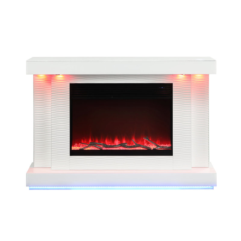 Meuble télé contemporain avec foyer électrique blanc à 3 niveaux de contrôle de la température ambiante, verre de pin, bois d'ingénierie en métal, supporte les téléviseurs de 50 pouces et peut être éteint pendant 6 heures.