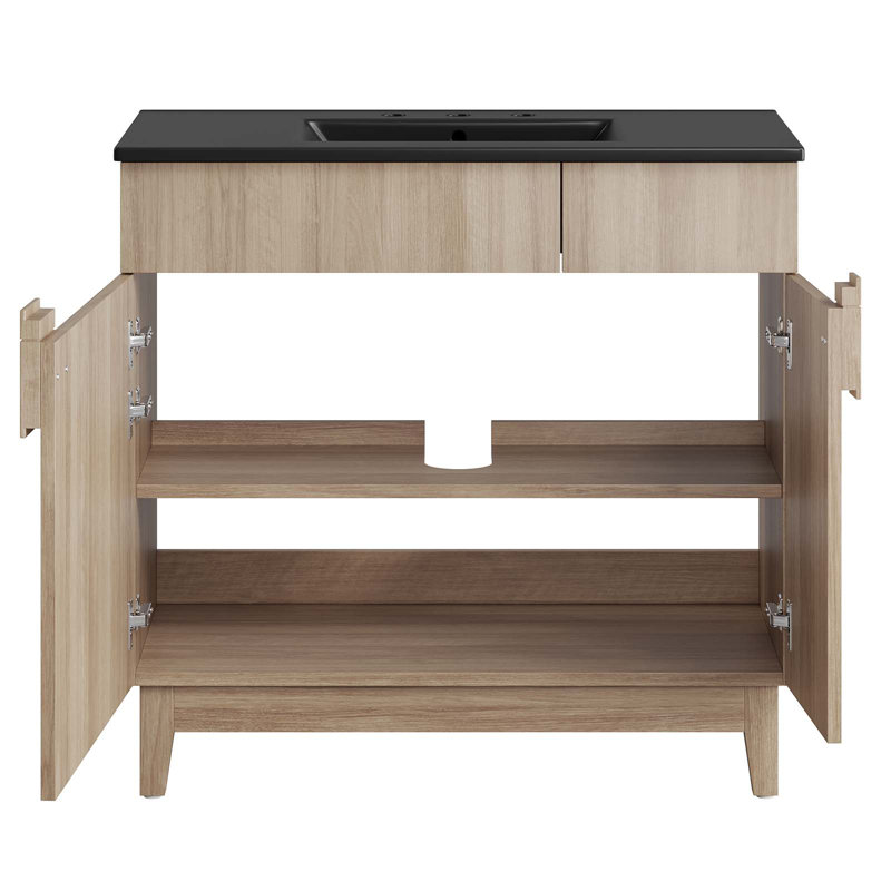 Meuble-lavabo sur pied simple 36 po avec plateau en céramique Modway Miles, Noir, Chêne