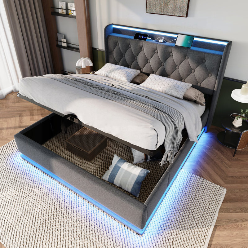 Lit rembourré avec 360 DEL ambiantes, boutons, applications, télécommande et rangement hydraulique avec charge USB Type-C