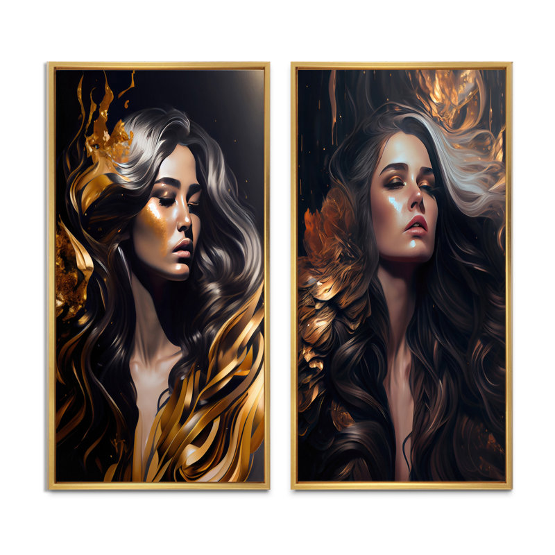«Gold and Black Sensual Woman II», 2 pièces sur toile, Encadrement brun, H 32 po x l 32 po