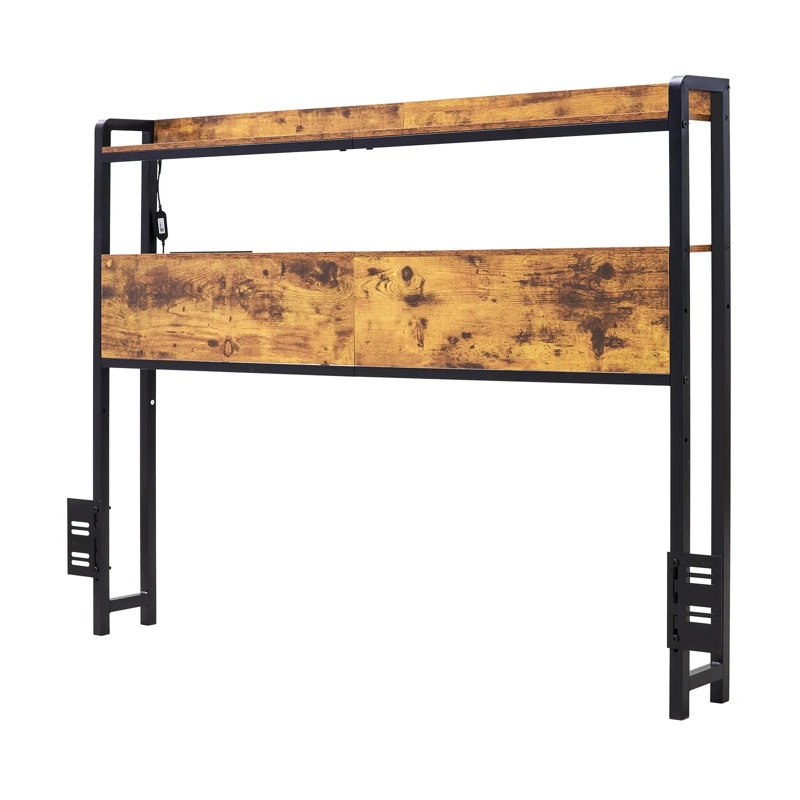 Tête de lit pour lit double, tête de lit à hauteur réglable avec 2 tablettes de rangement, tête de lit autoportante avec station de charge et lumière DEL pour différents cadres de lit, assemblage facile, brun