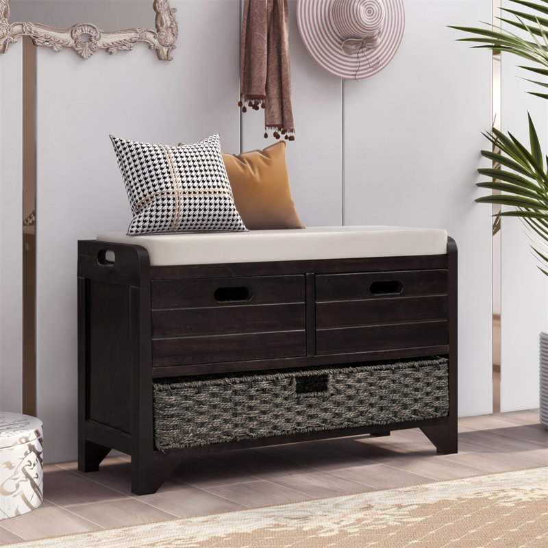 Banc de rangement avec panier amovible et 2 tiroirs, banc à chaussures entièrement assemblé avec coussin amovible, Espresso
