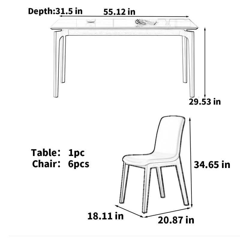 Table de salle à manger rectangulaire en pierre frittée, H 29,53 po x L 55,12 po x l 31,5 po