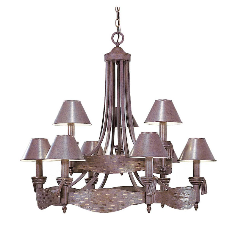 Khade 9-Light Indoor Prairie Rock & Gold Wagon Wheel Chandelier with Metal Empire Shades