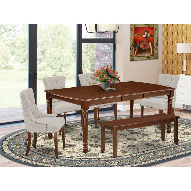 6 Piece Dinette Set Contains a Rectangle Dining Table with Butterfly Leaf and 4 Doeskin Linen Fabric Parson Chairs with a Bench, 42x78 Inch, Mahogany