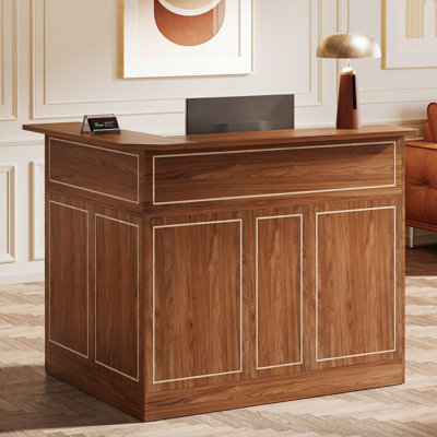 Bureau de réception en L, bureau de réception moderne, comptoir de vente au détail élégant avec rangement à 2 niveaux et porte-verres à pied, pour les magasins, la boulangerie