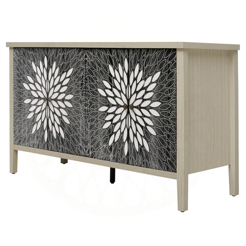 Buffet 4 portes avec tablettes réglables et sculpture créative exquise, Noir/naturel