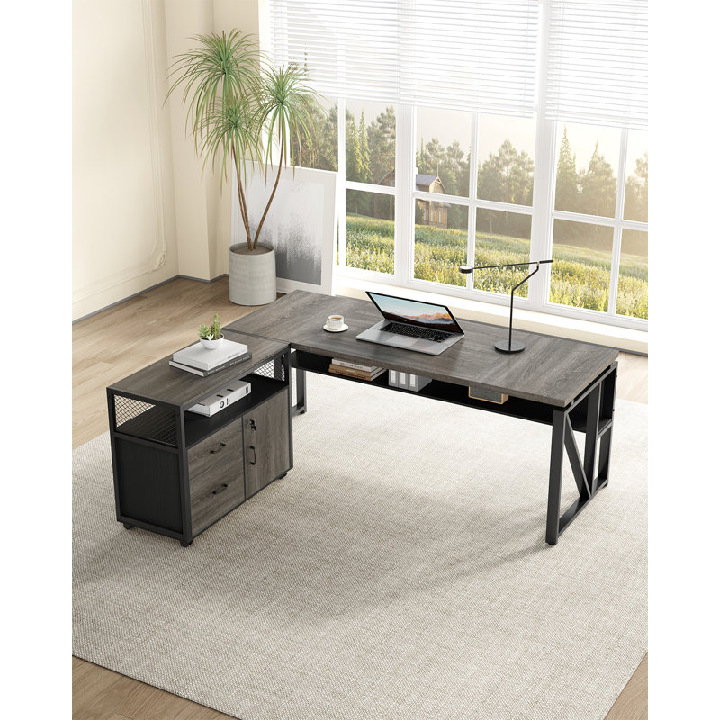 Modern 63" Executive Computer Desk and 31"Lateral File Cabinet, Professional  Home Office Furniture, Gray/Black