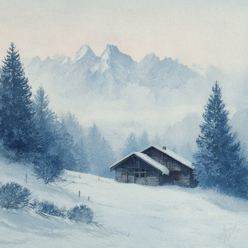 «Alpine Cabin Morning Calm», art mural sur toile tendue, H 40 po x l 40 po