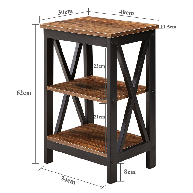 NS Manufactured Wood Bedside Table, Nightstand Sofa Side Table with 3-Tier Storage Shelf for Living Room, Bedroom, Stable Steel Frame, Easy Assembly
