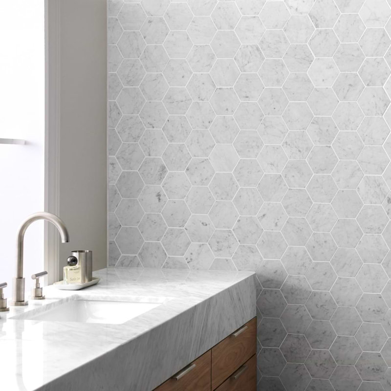 Carrara 1x6 Stacked Honed Marble Mosaic Floor and Wall Tile, 3.85" W x 3.85" L, Honed, Honeycomb