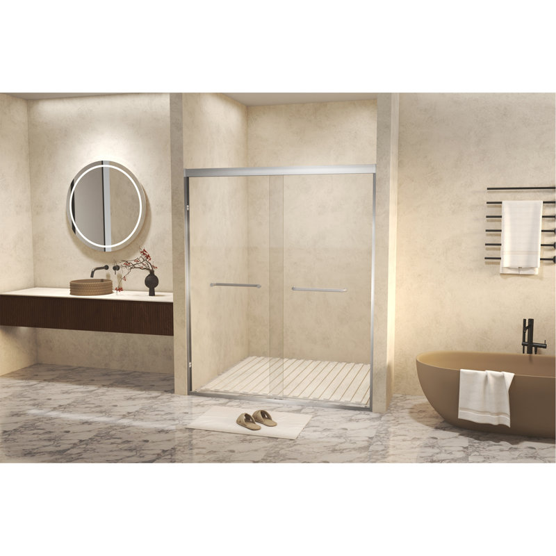 50-54 " X 72" Tempered Glass With Explosion Proof Film, Aluminum Frame Double Sliding Shower Door, "1/4 (6 Mm), Stainless Steel Handle,Brushed Nickel