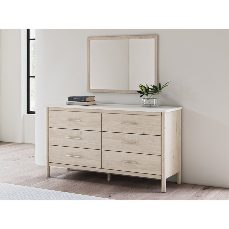 Lit à panneau, commode, miroir et table de chevet Cadmori, Beige, Grand lit