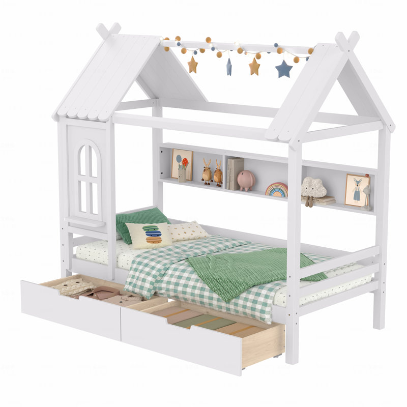 Structure de lit simple avec tiroirs de rangement et conception de fenêtre décorative, matériau en bois massif, cadre de lit plateforme avec tablettes de rangement, pour chambre d'enfant, filles, garçons et enfants