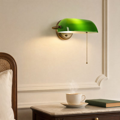 Banker Vintage Wall Sconce With Adjustable Glass Shade, Green Or White Glass And Antique Brass Finish, Pull Chain Switch, E26 Socket Wall Light For Office, Library And Living Room
