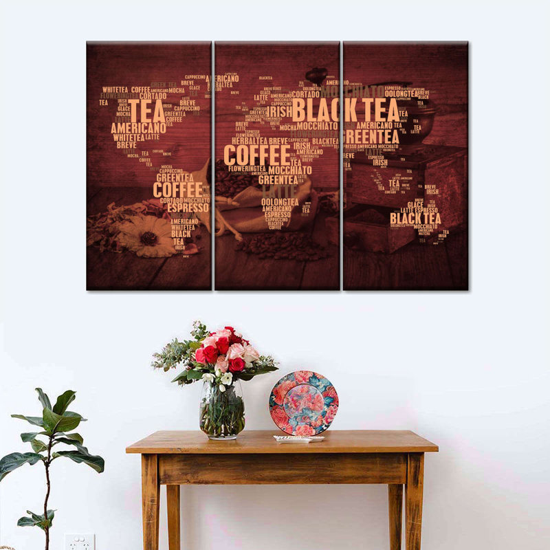 Ensemble de carte du monde sur toile café et thé 3 pièces, H 48 po x l 74 po x P 1,25 po