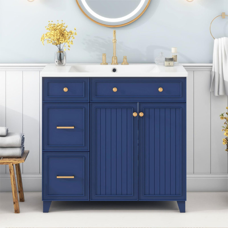 Meuble-lavabo simple 36 po avec lavabo en céramique, assemblage requis, Bleu