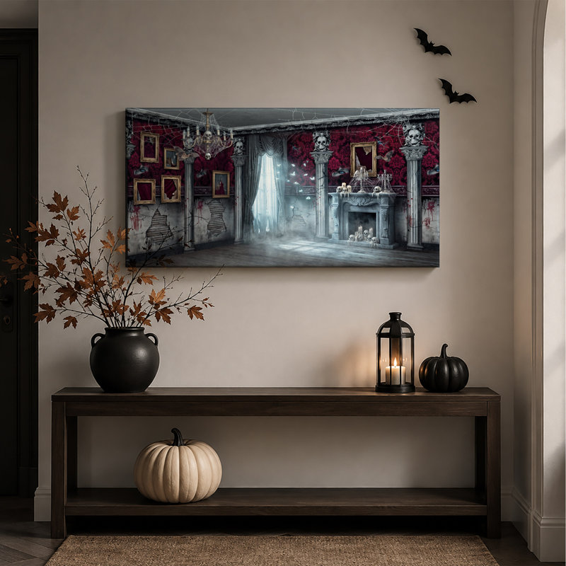 Toile gothique avec papier peint rouge et crânes d'Halloween, art mural, L 20 po x H 10 po