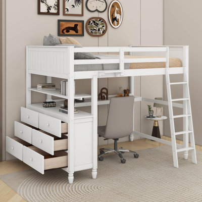 Lit mezzanine simple avec tiroirs, bureau et tablettes