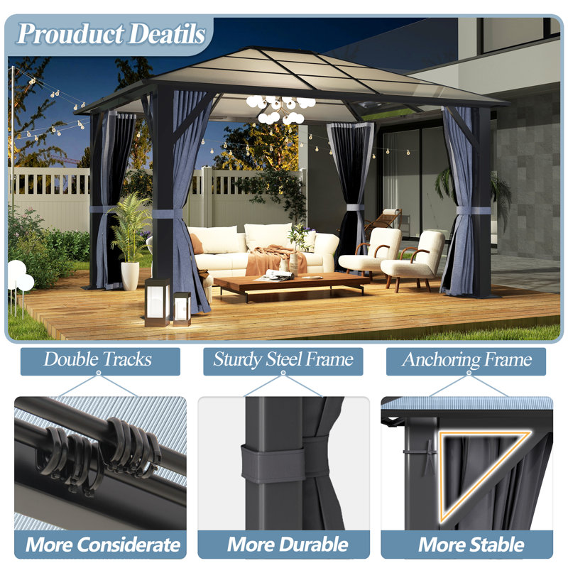 10' x 12' Gray Steel Hardtop Gazebo with Curtains and Netting