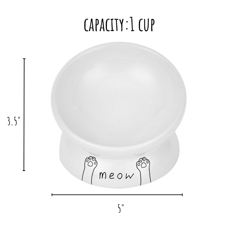 Meow Design Elevated Ceramic Cat Dish Set, Small (1 cup), White