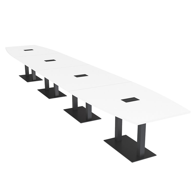Table de conférence en forme de bateau avec base en métal double | Unité électrique, L 264 po x l 48 po, Blanc classique