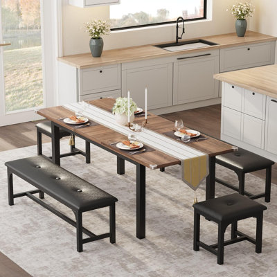Ensemble de table de salle à manger pour 4 à 6 personnes avec 2 bancs, grand ensemble de table de salle à manger extensible de 63 po pour 4 personnes, ensemble de table de cuisine avec structure en métal et panneau de fibres à densité moyenne, ensemble de table de salle à manger en bois pour 6