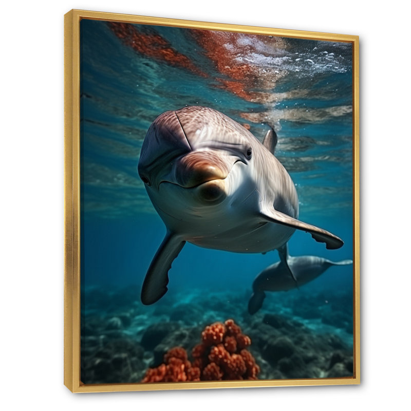 «Dolphin Serene Swim I» sur toile, H 32 po x l 16 po x P 1 po, Cadre flottant doré