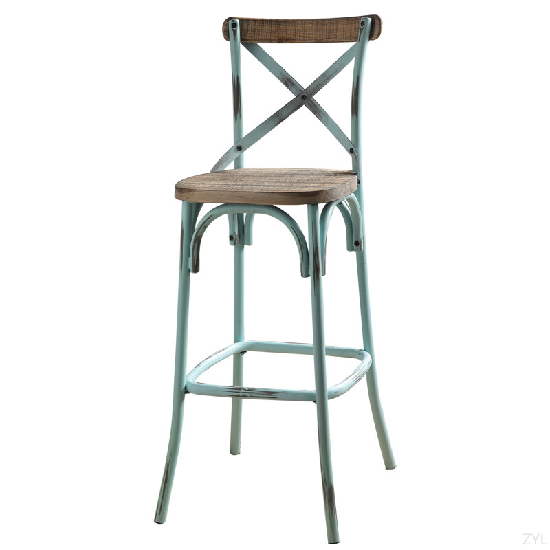 Tabouret de bar antique avec dossier en croix et ciel antique