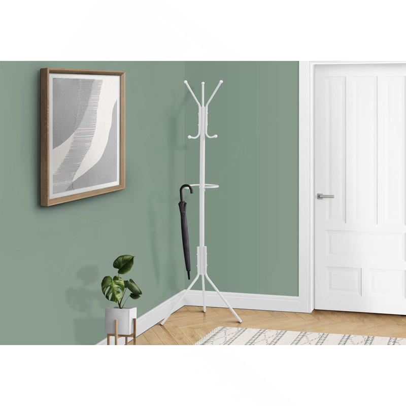 Coat Rack, Hall Tree, Free Standing, Hanging Bar, 6 Hooks, Entryway, 68"H, Bedroom, White Metal, Contemporary, Modern, White
