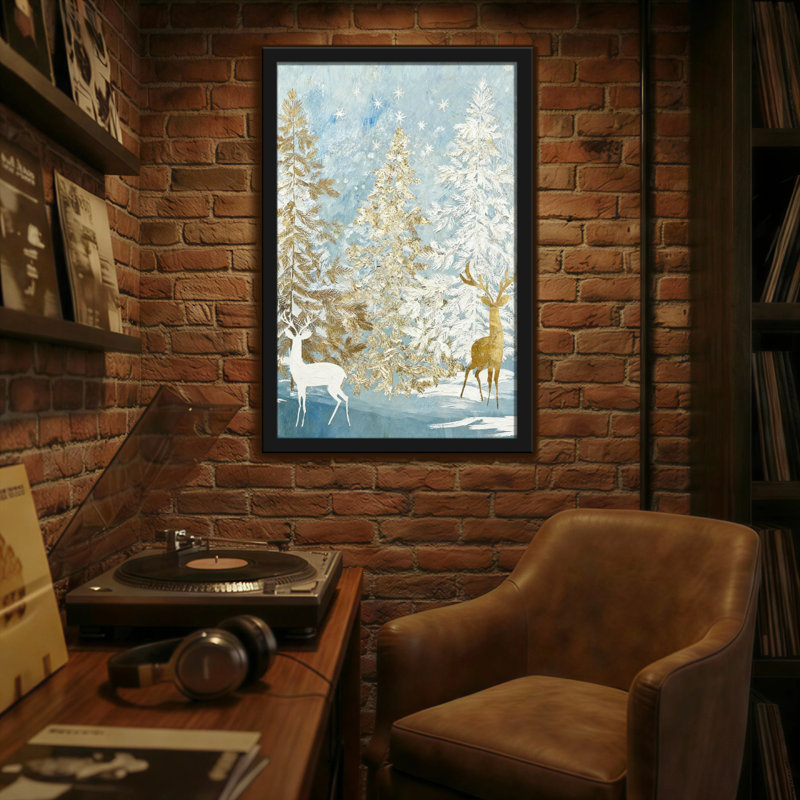 Animaux, hiver, forêt, cerf, neige, arbres, or, H 18 po x l 12 po