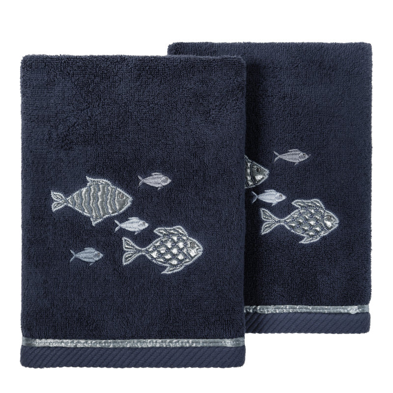 Linum Home Textiles 100% Turkish Cotton FIGI 2PC Embellished Hand Towel Set, Marine