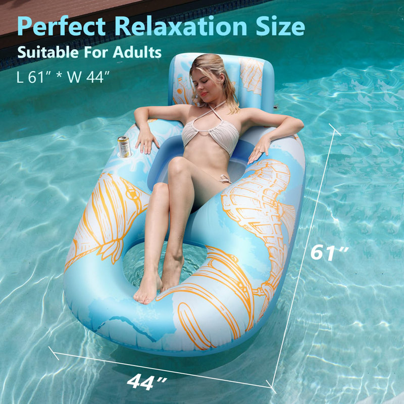 Chaise de piscine gonflable avec dossier, flotteur de piscine de 61 po x 44 po pour bronzer avec porte-gobelet, fauteuil flottant de bronzage, chaise de bronzage flottante en PVC pour piscine, capacité de poids de 300 lb, bleu