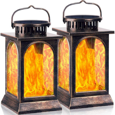 Retro Solar Flickering Flame Metal Hanging Lantern with 4-Sided Clear Panels for Patio & Garden