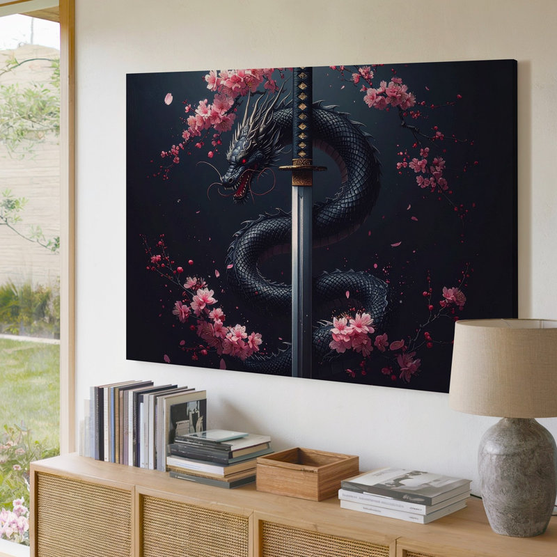Dragon et fleur de cerisier Katana, H 20 po x l 20 po