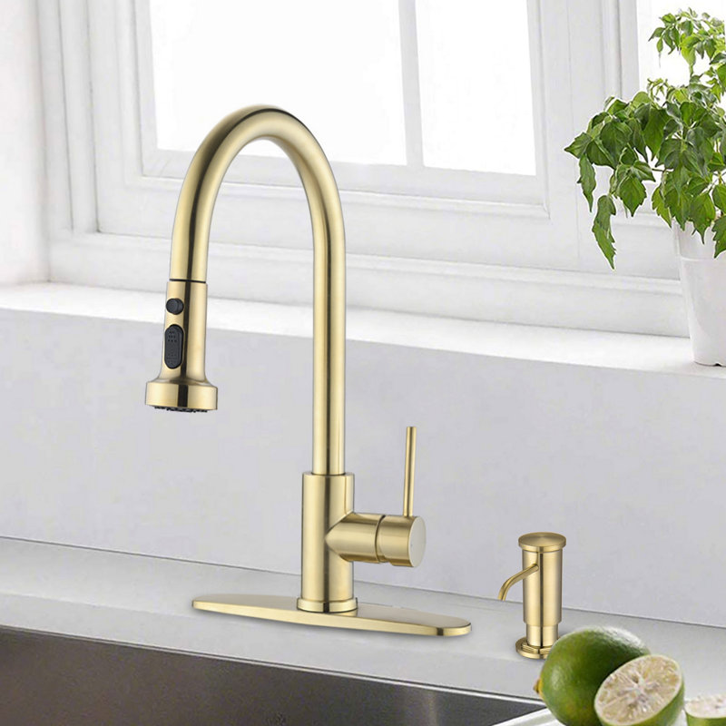 Robinet de cuisine rétractable en acier inoxydable avec distributeur de savon, Avec distributeur de savon, Or brossé