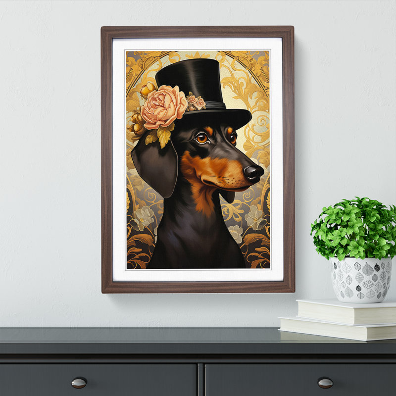 Dachshund Nouveau No.2 - Single Picture Frame Print on Wood, Walnut, 46cm H x 34cm W x 2cm D