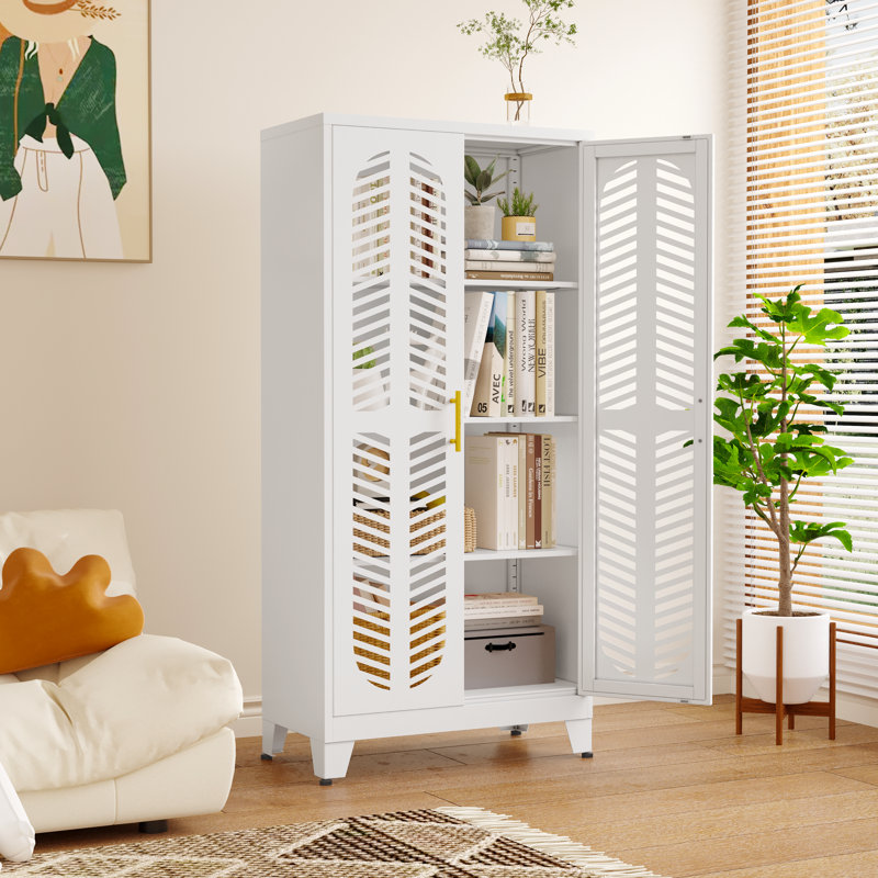 Ebern Designs White Modern Fishbone Kitchen Pantry Storage Cabinet with Adjustable Shelves
