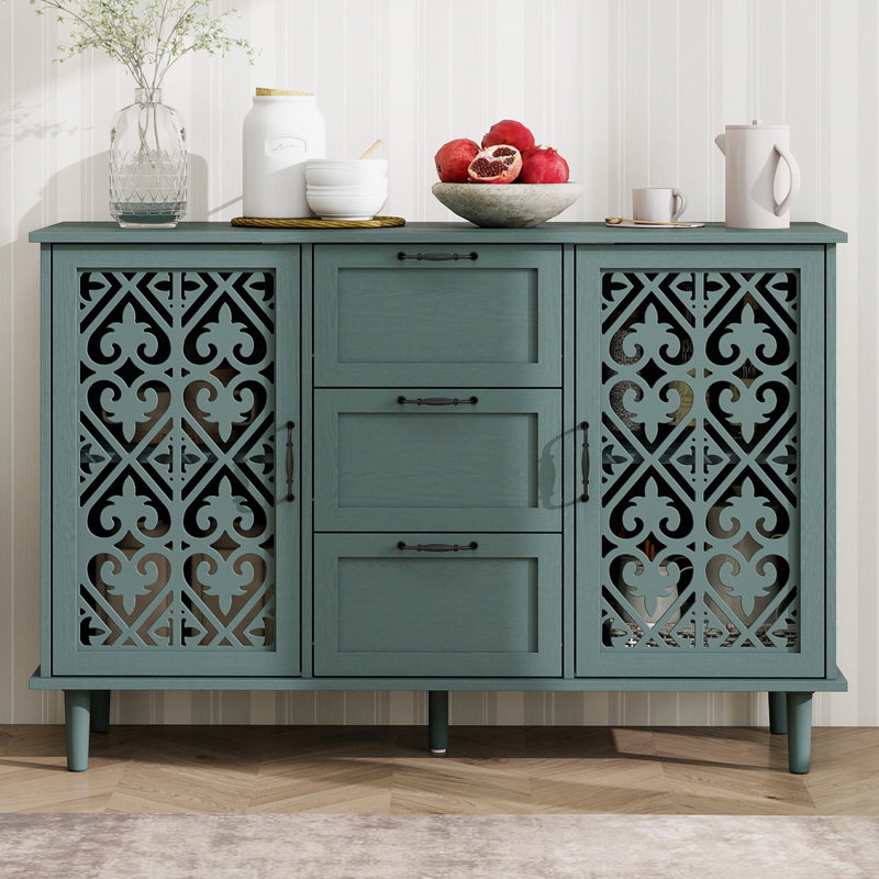 47.23" Farmhouse Sideboard Buffet Cabinet with 2 Carved Doors and 3 Drawers, Storage Cabinet with Adjustable Shelf for Dining Room, Living Room & Entryway