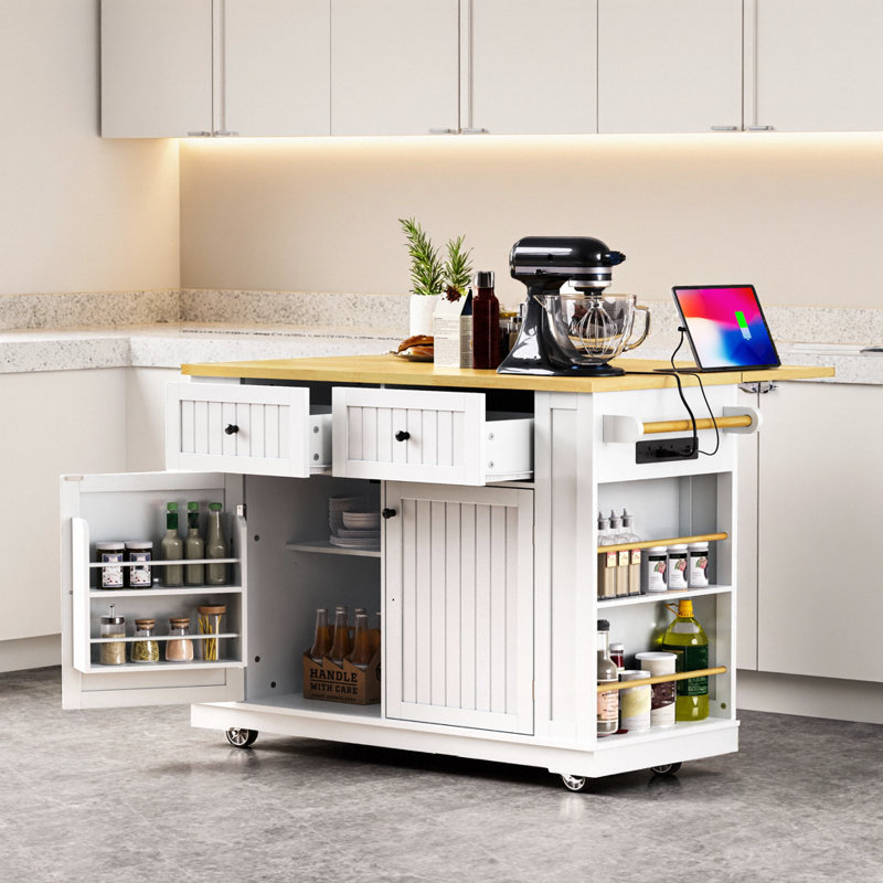 Large 48" Kitchen Island with Power Outlet, Drop Leaf, Storage Racks & Wheels, White, White