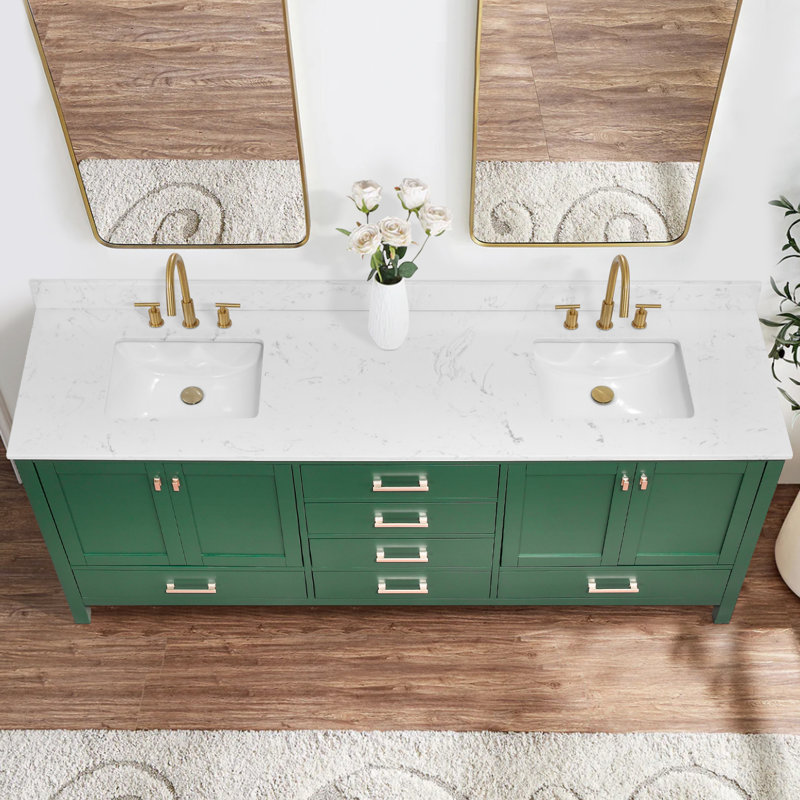 Meuble-lavabo 84 po avec double vasque Cholena, Vert, Or brossé