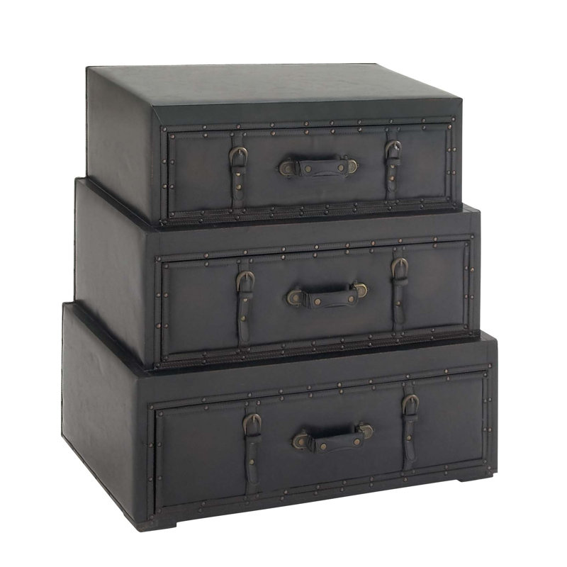 Isabel Wood Vintage Faux Leather Room Chest with Buckles and Straps Detailing, Black