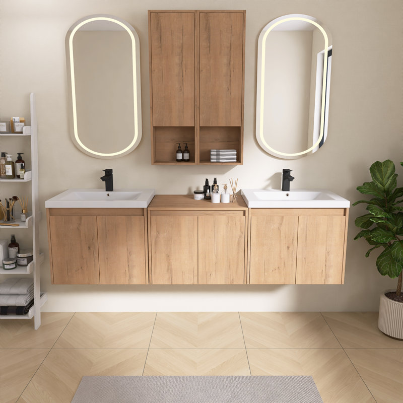 Vowar 72" Double Wall-Mounted Bathroom Vanity with Resin Sink,8 Soft-Close Doors & Two Side Cabinets