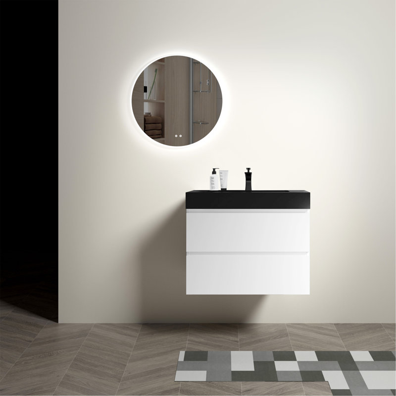 Meuble-lavabo élégant avec conception murale et lavabo intégré offrant style et fonctionnalité., Blanc