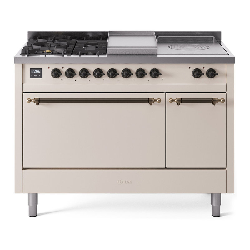 Cuisinière à double combustible ILVE Nostalgie II Series 48 po avec 5 brûleurs scellés, plaque de cuisson et table française (gaz naturel, porte pleine)