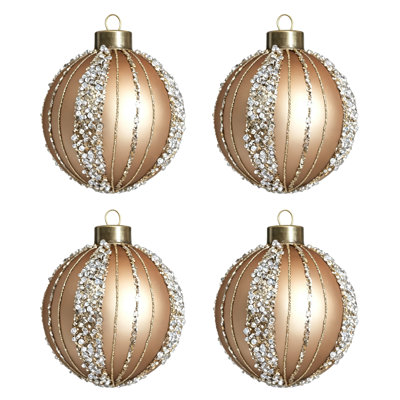 Ensemble de 4 décorations en forme de boule de Noël à rayures verticales 4,7 pouces champagne et strass