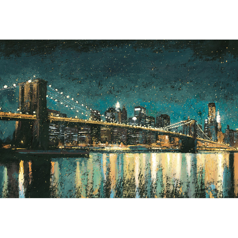 «Bright City Lights Teal I» par James Wiens - peinture sur toile tendue, H 32 po x l 48 po, Non, Toile tendue